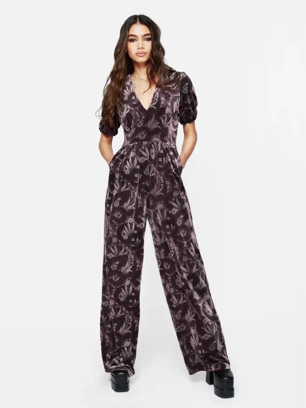 Disturbia Velvet Floral Print Wide Leg Jumpsuit Plum Purple US 6